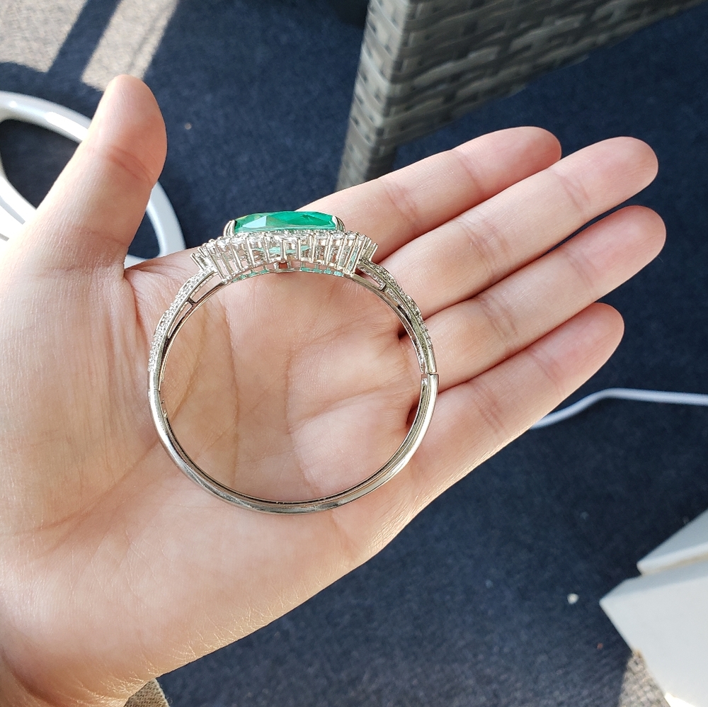 Real natural green blue tourmaline gemstone platinum plated bangle bracelet - Picture 4 of 6